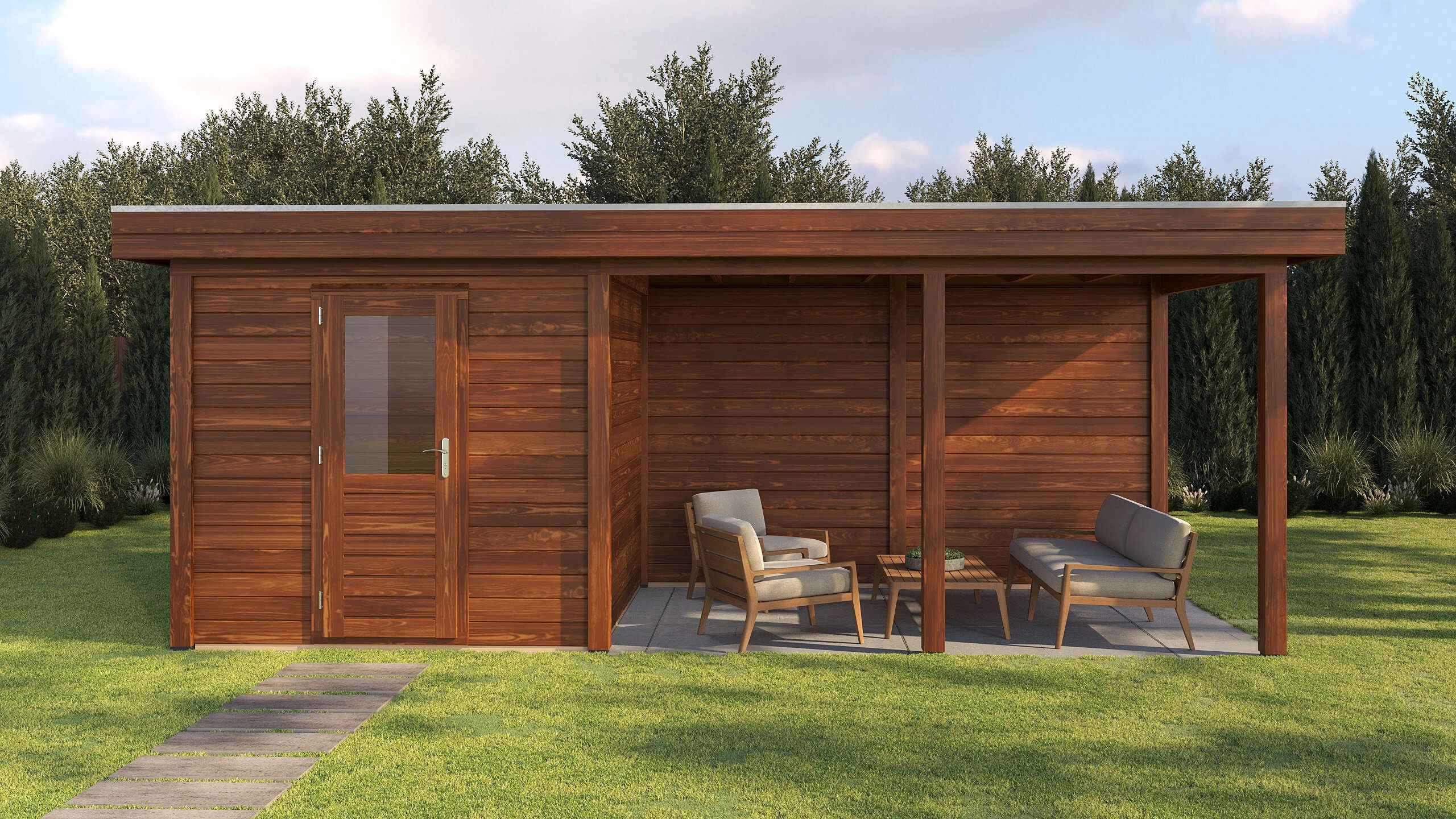 Holzario tuinhuis met overkapping in groene tuin